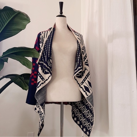 𝅺Double Zero Southwestern Knit Red Navy Blue Open Front Slouchy Chunky Cardigan - Picture 1 of 9